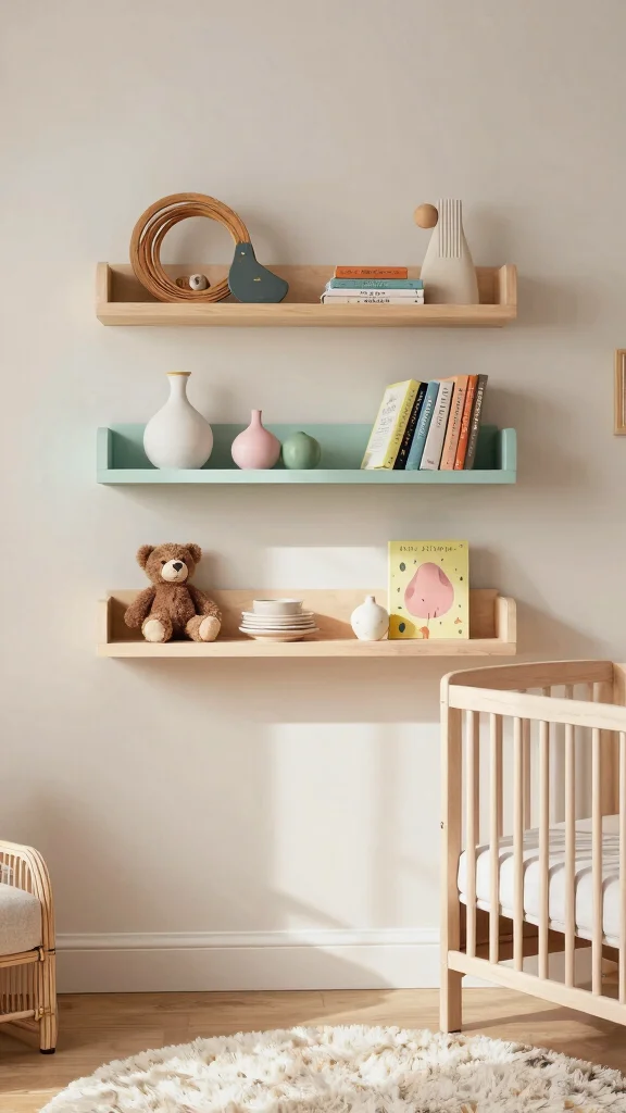 10 Nursery 3D Wall Art Ideas for a Sculptural Textural Baby Room Feature - 10. Floating Shelves with Decor Items 1