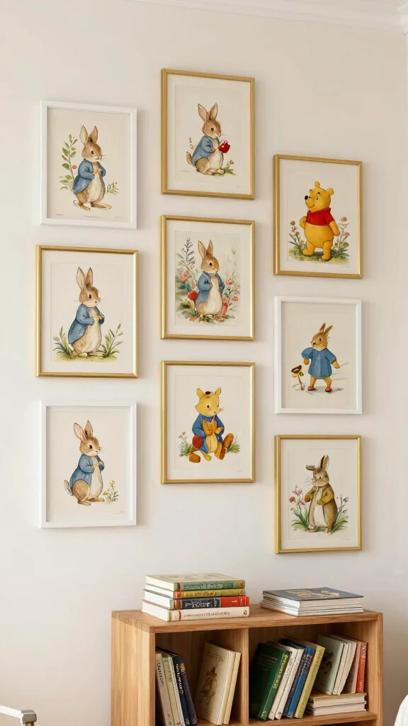 10 Vintage Gallery Wall Nursery Ideas for a Nostalgic Curated Display - 3. Classic Storybook Characters 1