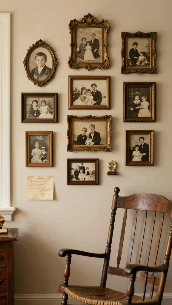 10 Vintage Gallery Wall Nursery Ideas for a Nostalgic Curated Display - 6. Antique Family Heirlooms 1