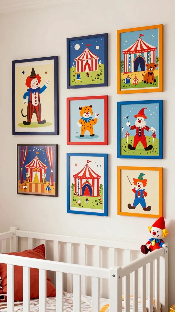 10 Vintage Gallery Wall Nursery Ideas for a Nostalgic Curated Display - 7. Retro Circus Theme 1