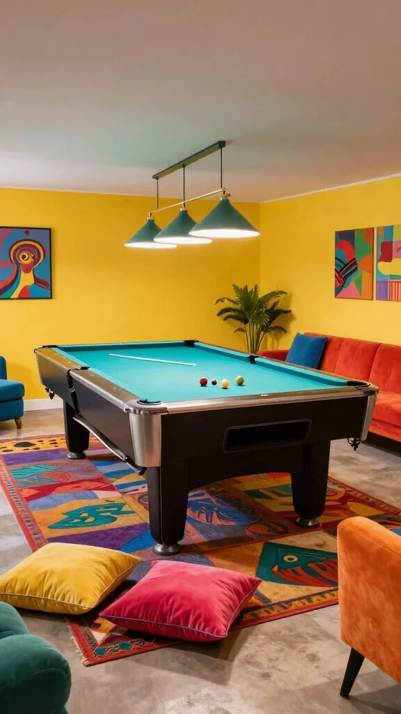 11 Basement Pool Table Room Ideas for a Stylish Social Game Space - 10. Bold Color Palettes 1