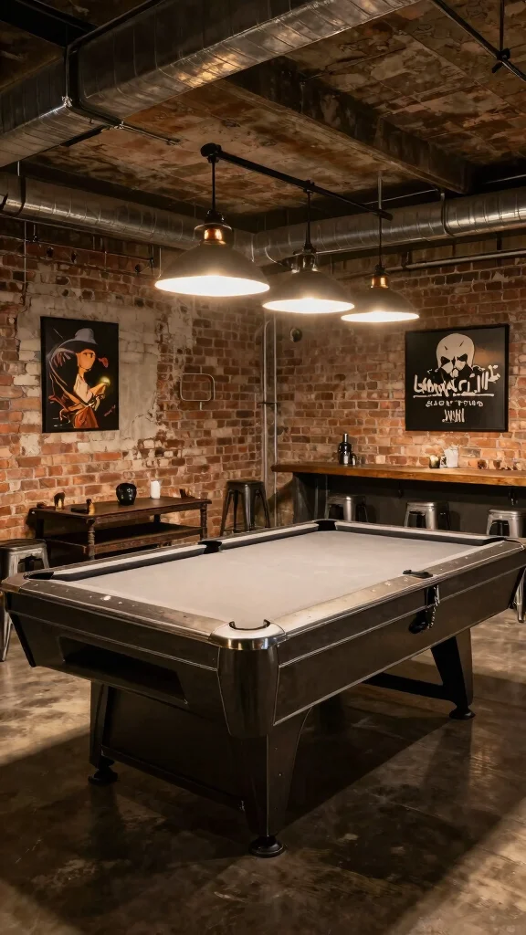 11 Basement Pool Table Room Ideas for a Stylish Social Game Space - 3. Industrial Edge 1