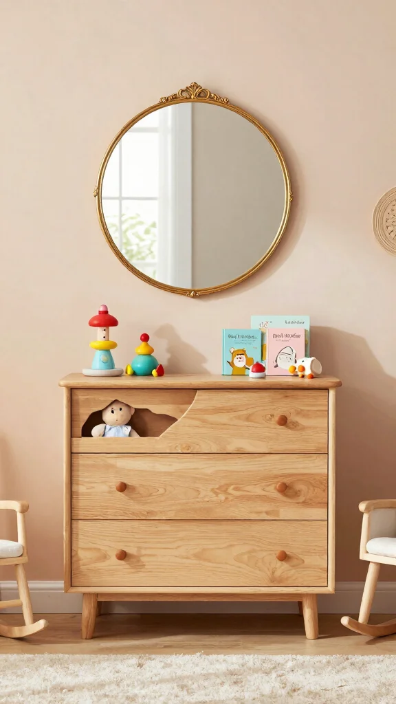 11 Nursery Mirror Over Dresser Ideas for a Polished Functional Display - 1. Round Retro Mirrors for Soft Elegance 1