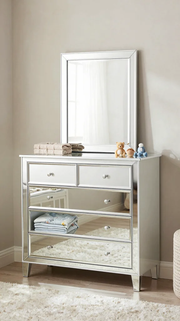 11 Nursery Mirror Over Dresser Ideas for a Polished Functional Display - 6. Mirrored Furniture for Dual Purpose 1