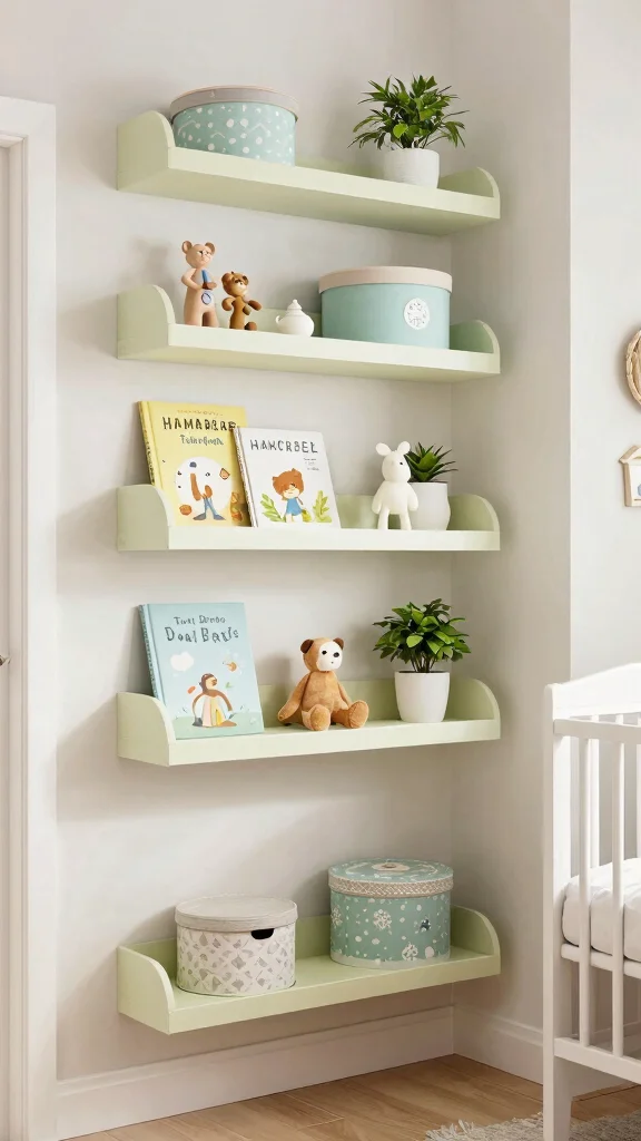 11 Nursery Nook in Bedroom Ideas for a Cozy Compact Baby Corner - 2. Floating Shelves for Storage and Decor 1