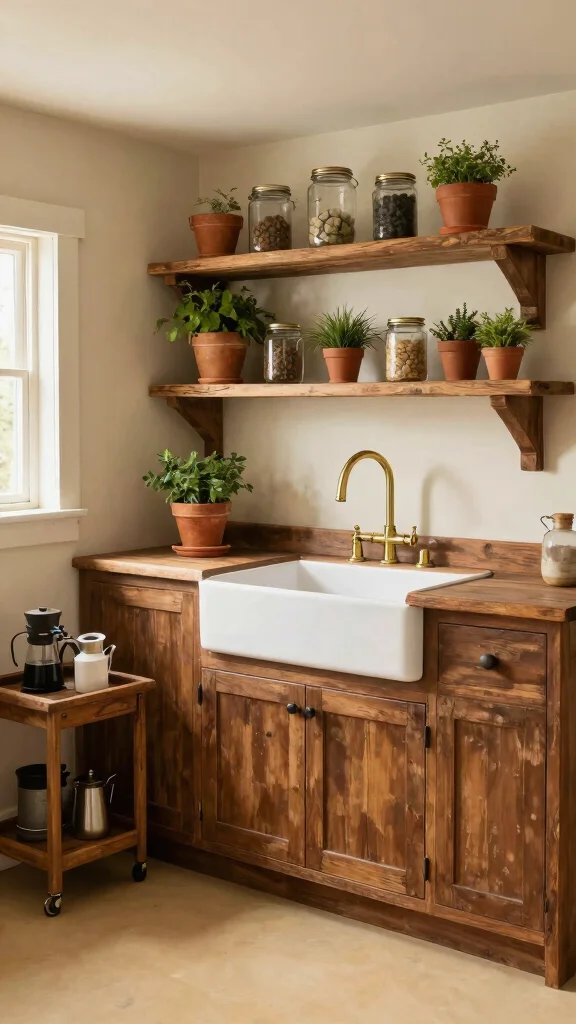 11 One-Wall Basement Kitchenette Ideas for a Compact Stylish Setup - 2. Rustic Charm with Open Shelves 1