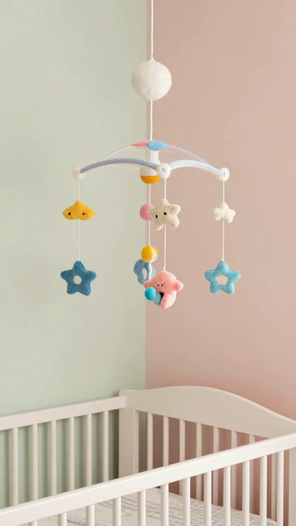 11 Small-Space Nursery-in-Parents-Room Ideas for a Cozy Baby Corner - 9. Incorporate a Stylish Mobile 1