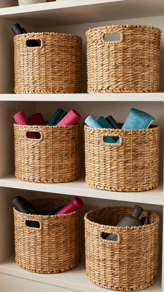 11 Storage Room Gym Ideas for a Space-Smart Motivating Workout Space - 9. Aesthetic Storage Bins 1