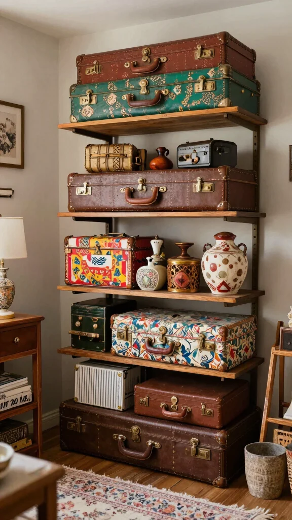 11 Storage Room With Shelves Ideas for a Tidy Accessible Display - 5. Vintage Suitcase Storage for a Unique Twist 1