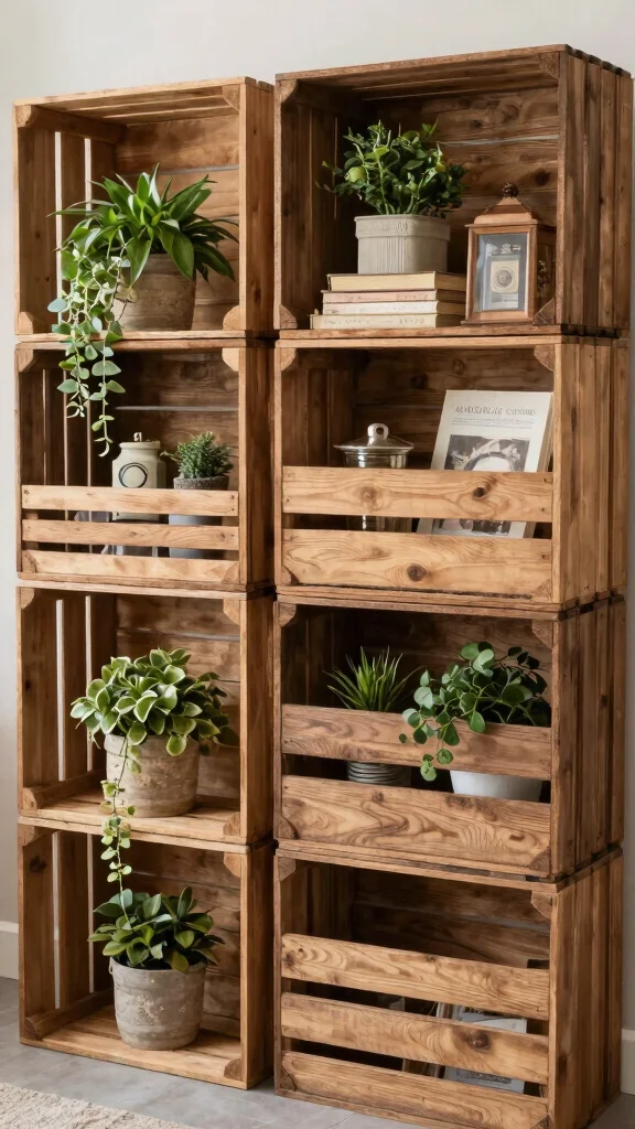 11 Storage Room With Shelves Ideas for a Tidy Accessible Display - 7. Repurposed Wooden Crates for Rustic Charm 1