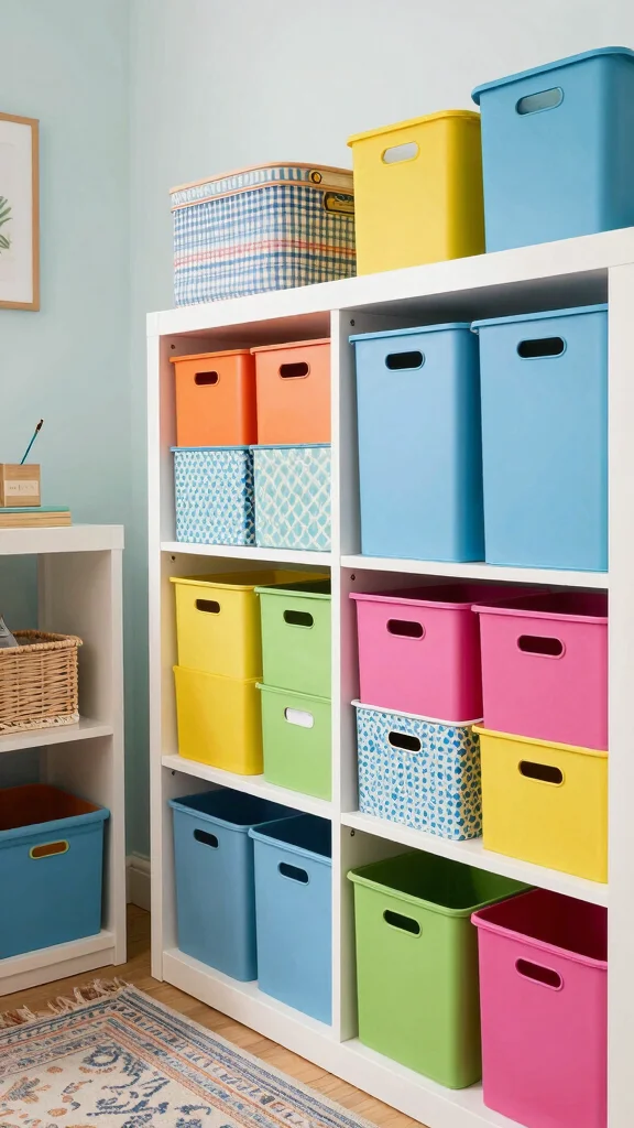 11 Windowless Storage Room Ideas for a Well-Lit Organized Space - 2. Colorful Storage Bins for a Fun Touch 1