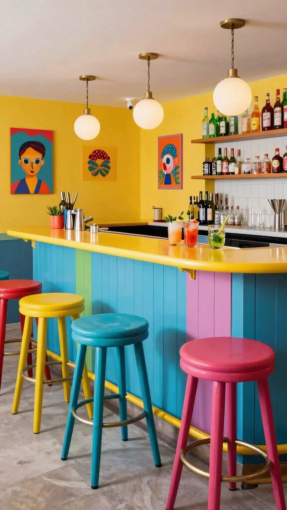 12 Basement Bar Layout Design Ideas for Every Shape and Space - 9. Bright and Colorful Bar 1