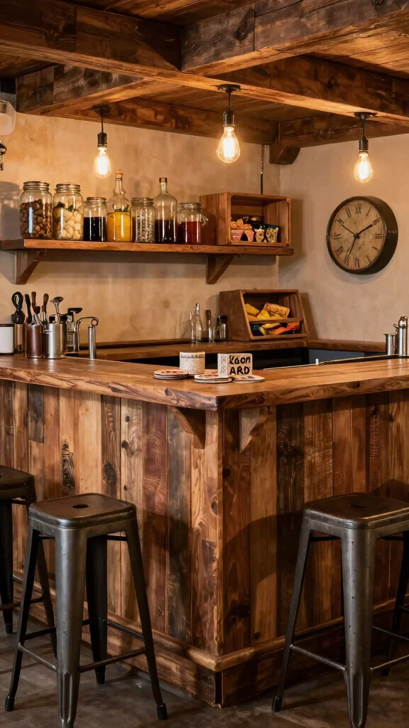 12 Basement Dry Bar Ideas for a Stylish Alcohol-Free Entertainment Area - 2. Rustic Charm with Wooden Elements 1
