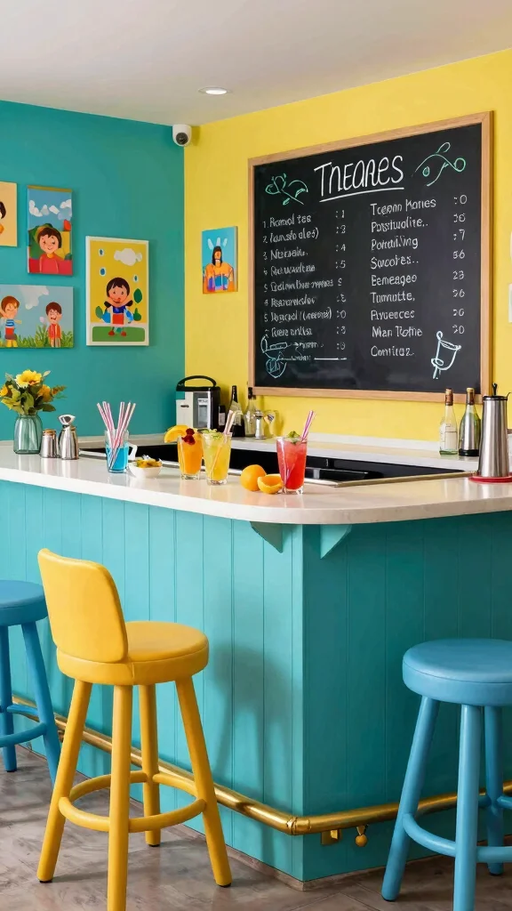 12 Basement Dry Bar Ideas for a Stylish Alcohol-Free Entertainment Area - 3. Colorful and Fun Family Bar 1