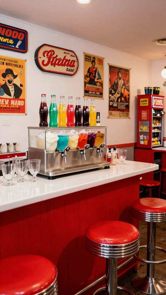 12 Basement Dry Bar Ideas for a Stylish Alcohol-Free Entertainment Area - 7. Retro Soda Bar Vibes 1
