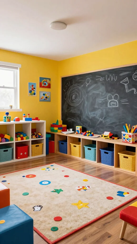 12 Basement Entertainment Room Ideas for a Fun Stylish Social Space - 10. Bright and Bold Playroom 1