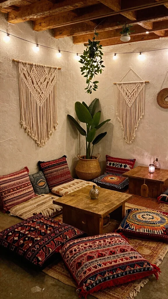 12 Basement Entertainment Room Ideas for a Fun Stylish Social Space - 11. Bohemian Chill Spot 1