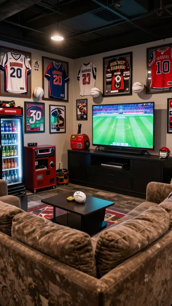 12 Basement Entertainment Room Ideas for a Fun Stylish Social Space - 8. Themed Sports Lounge 1