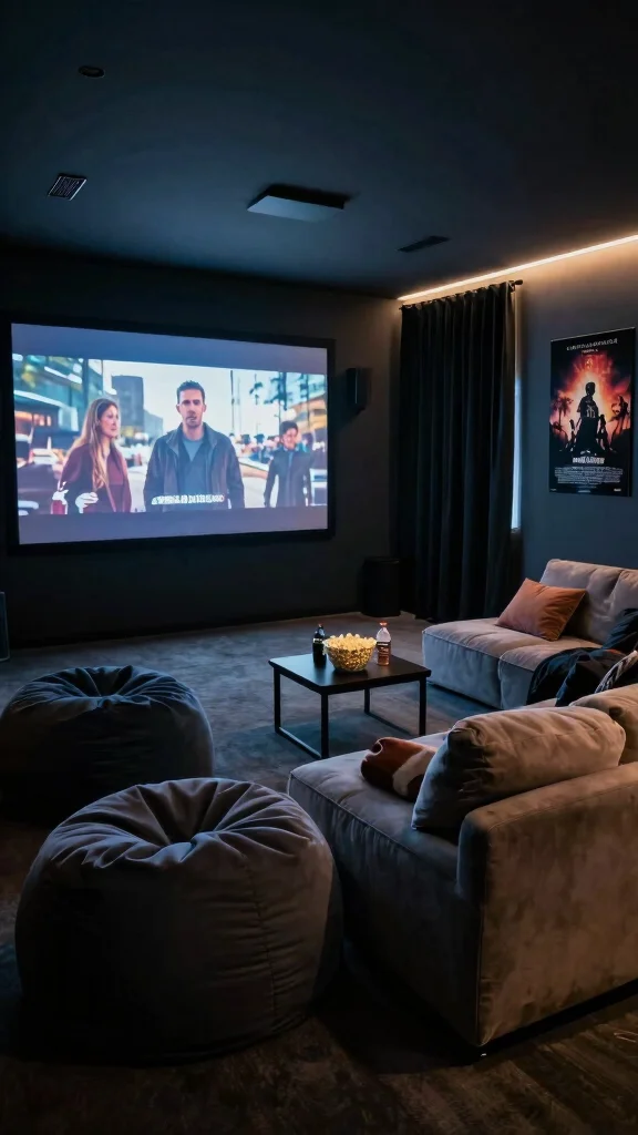 12 Basement Rec Room Ideas for a Fun Multi-Use Entertainment Space - 1. Cozy Movie Theater Experience 1
