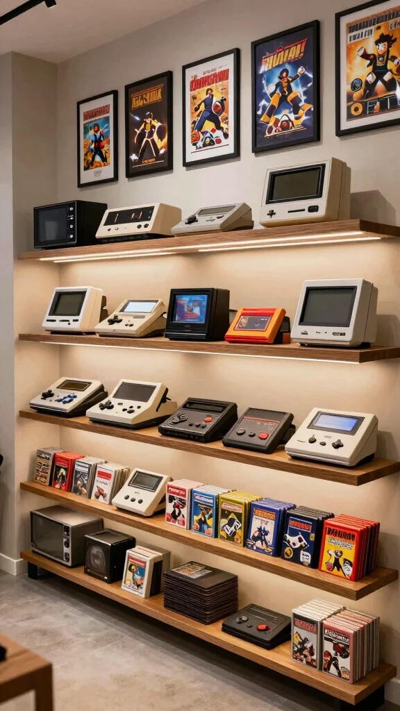 12 Basement Video Game Room Ideas for the Ultimate Gaming Setup - 4. Vintage Game Collection Display 1