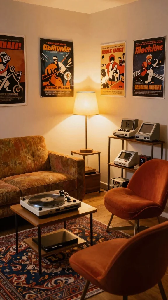 12 Basement Video Game Room Ideas for the Ultimate Gaming Setup - 9. Retro Furniture and Accessories 1