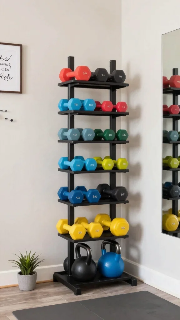 12 Storage Room Home Gym Ideas for a Compact Functional Workout Space - 3. Vertical Storage Racks for Weights 1