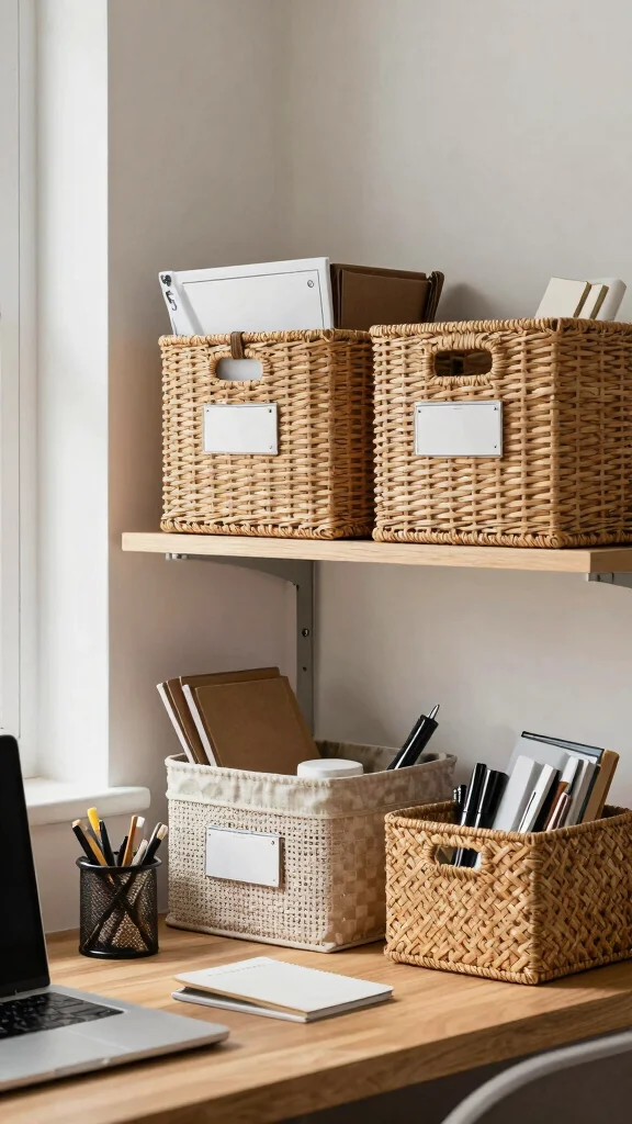 12 Storage Room Home Office Ideas for a Productive Organized Workspace - 10. Organize With Baskets and Bins 1