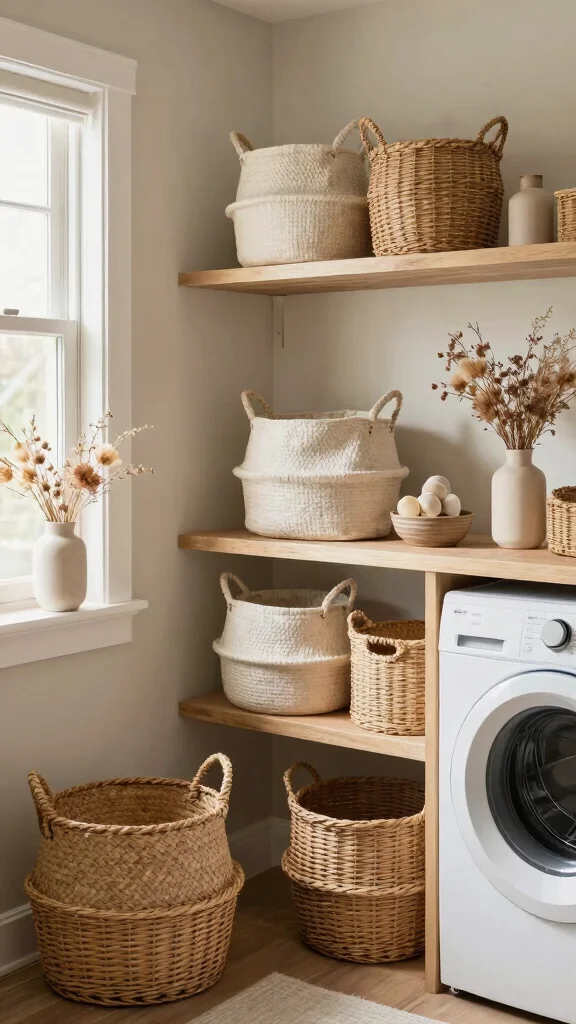 12 Storage Room Laundry Room Ideas for a Functional Tidy Combined Space - 2. Use Decorative Baskets and Containers 1