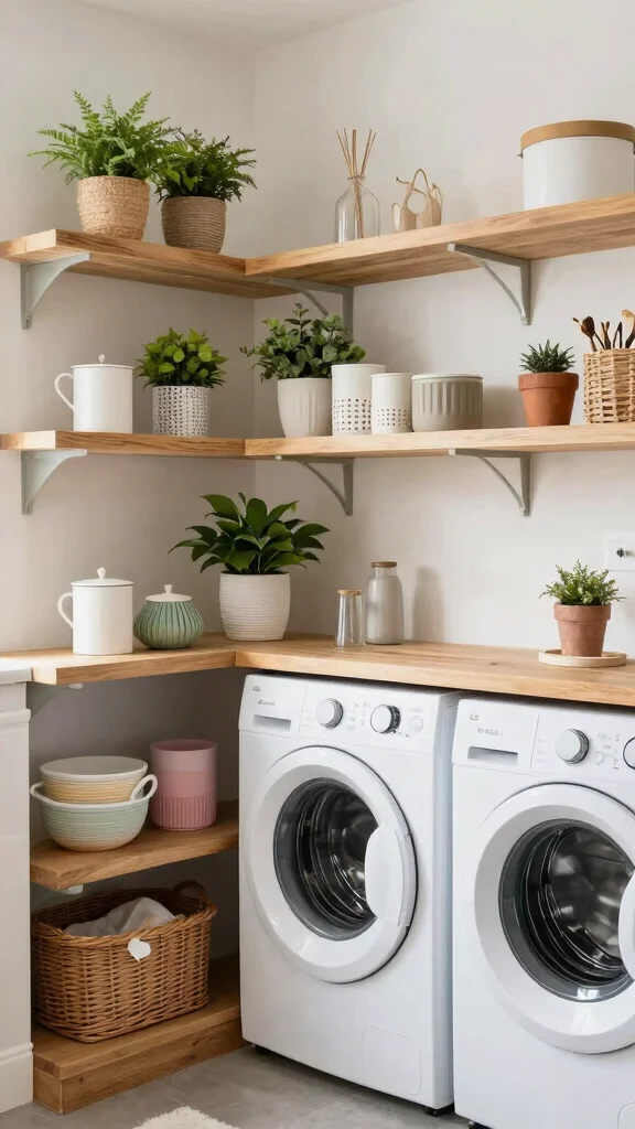 12 Storage Room Laundry Room Ideas for a Functional Tidy Combined Space - 8. Open Shelving with Styling Touches 1