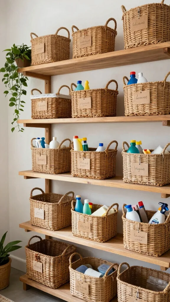12 Storage Room for Cleaning Supplies Ideas for a Safe Tidy Space - 2. Woven Baskets for Versatile Storage 1