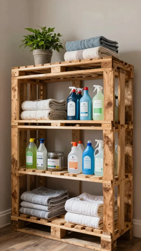 12 Storage Room for Cleaning Supplies Ideas for a Safe Tidy Space - 4. DIY Shelving Units from Pallets 1