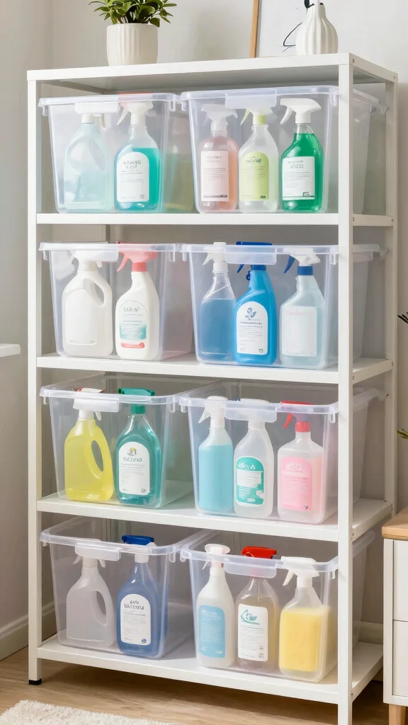 12 Storage Room for Cleaning Supplies Ideas for a Safe Tidy Space - 5. Clear Plastic Bins for Visibility 1