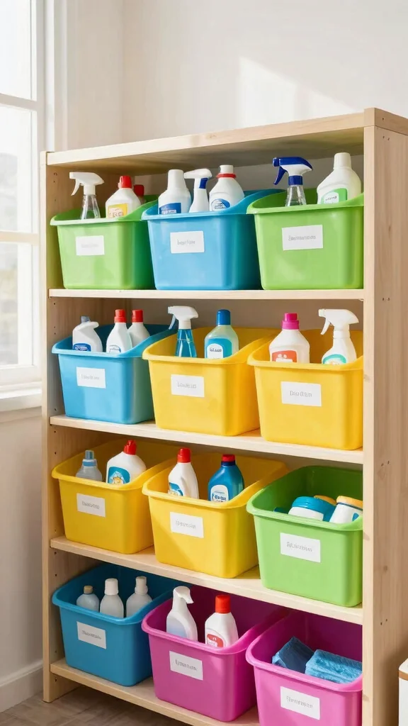 12 Storage Room for Cleaning Supplies Ideas for a Safe Tidy Space - 9. Color-Coded Organizing System 1