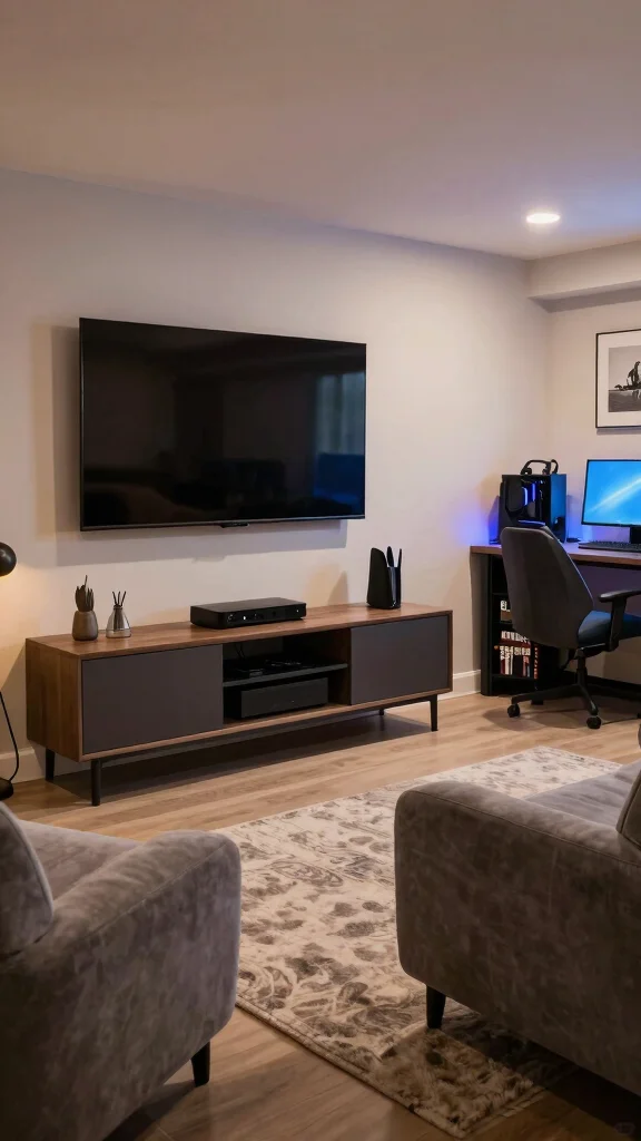 13 Basement Family Room Ideas for a Cozy Functional Shared Space - 12. Tech Integration 1