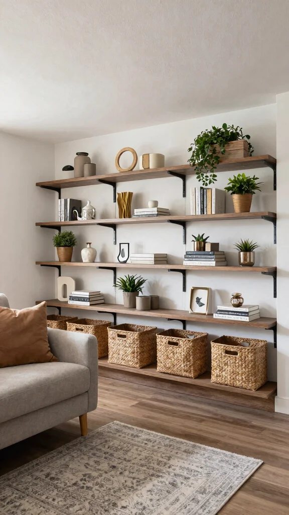 13 Basement Family Room Ideas for a Cozy Functional Shared Space - 13. Embrace Open Shelving 1