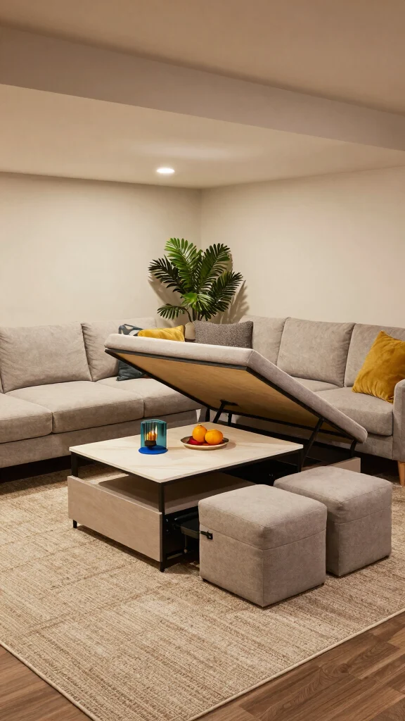 13 Basement Family Room Ideas for a Cozy Functional Shared Space - 2. Multi-Functional Furniture 1