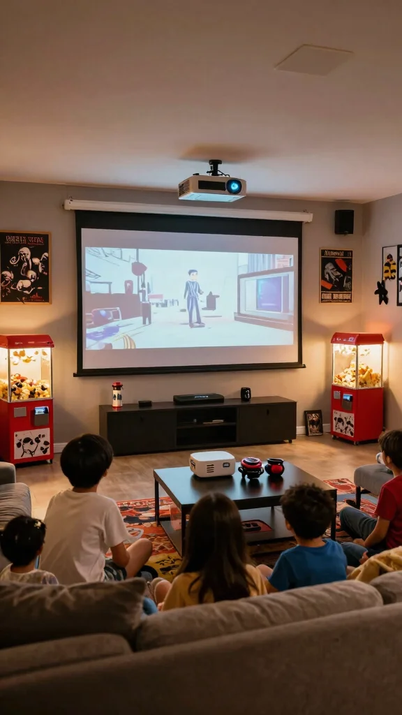 13 Basement Game Room Ideas for a Fun Family-Friendly Entertainment Space - 11. Themed Movie & Game Night 1