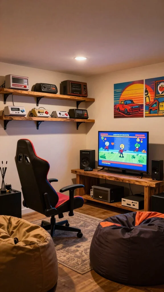 13 Basement Game Room Ideas for a Fun Family-Friendly Entertainment Space - 6. Retro Console Paradise 1