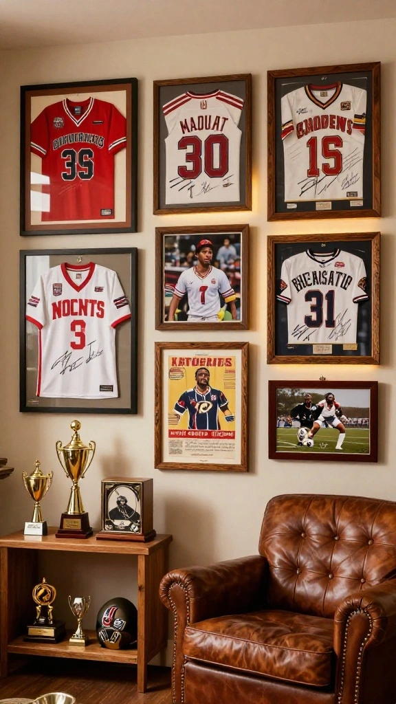 13 Basement Man Cave Ideas for a Personalized Comfortable Retreat - 1. Classic Sports Memorabilia Wall 1