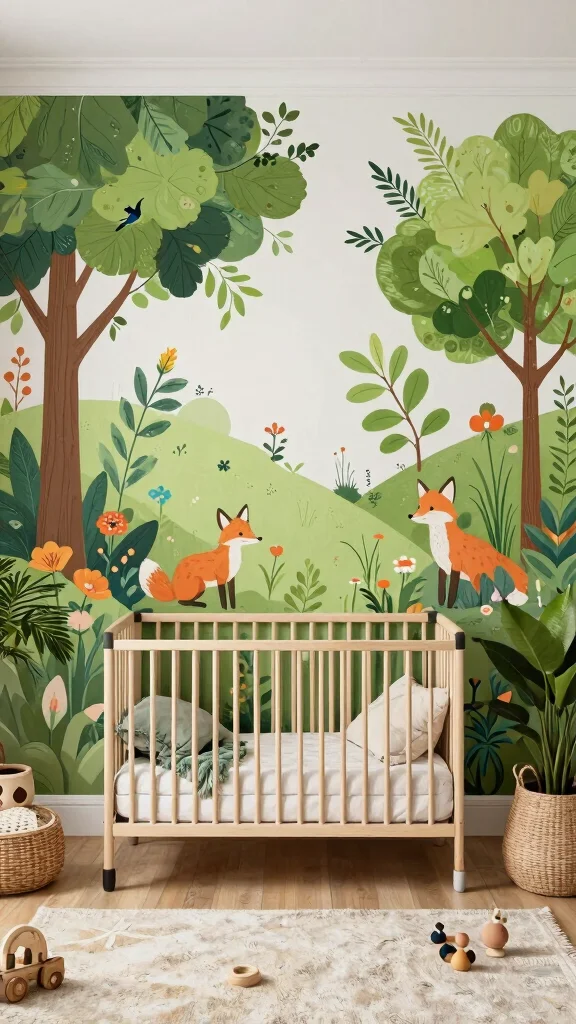 13 Nursery Accent Wall Ideas for Color, Pattern, and Texture - 1. Nature-Inspired Mural 1