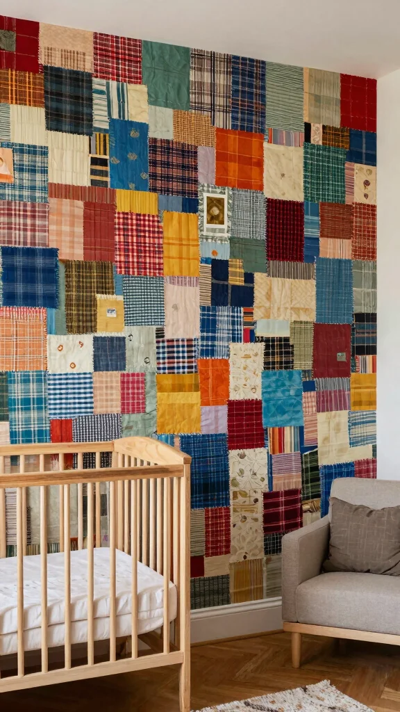 13 Nursery Accent Wall Ideas for Color, Pattern, and Texture - 12. Recycled Fabric Collage 1