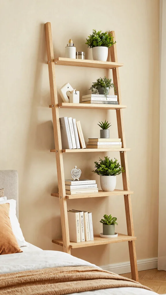 13 Small Bedroom Storage Ideas That Maximize Every Inch - 8. Ladder Shelves 1
