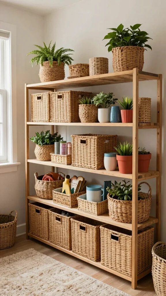 14 Storage Room Shelving Ideas for a Tidy Accessible Beautiful Space - 12. Basket Weave Shelving for a Cozy Touch 1