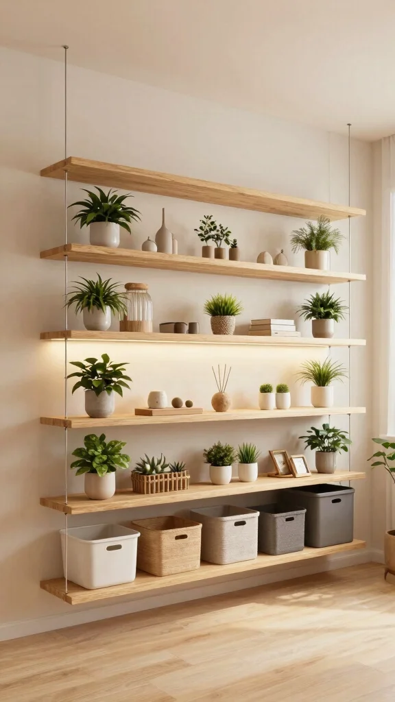 14 Storage Room Shelving Ideas for a Tidy Accessible Beautiful Space - 13. Innovative Hanging Shelves to Save Floor Space 1