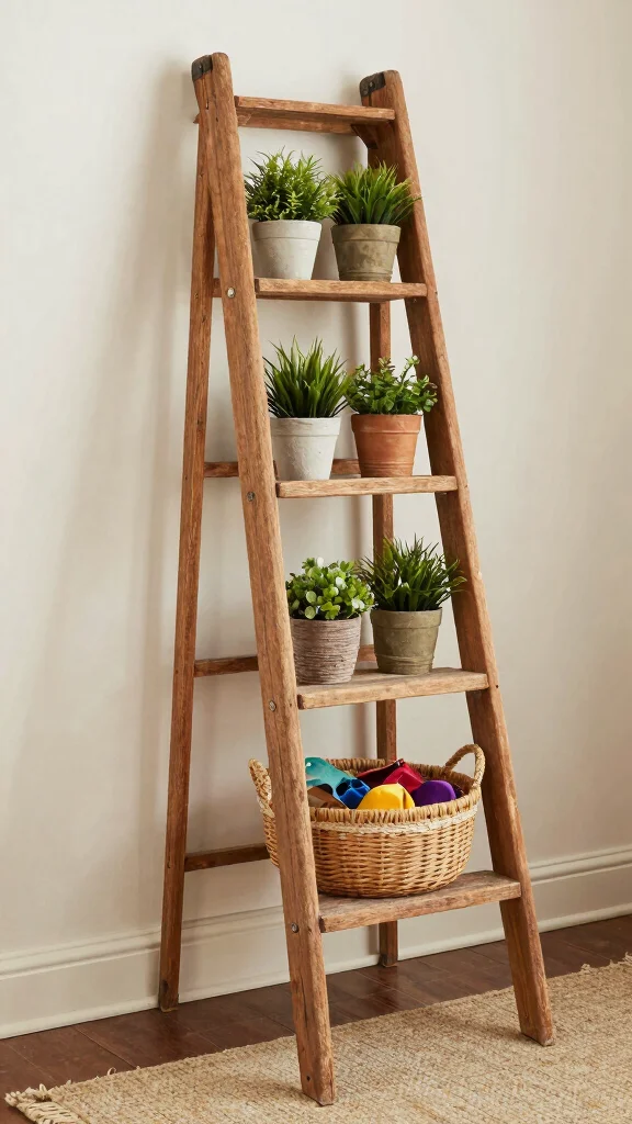 14 Storage Room Shelving Ideas for a Tidy Accessible Beautiful Space - 7. Vintage Ladder as a Chic Shelf 1