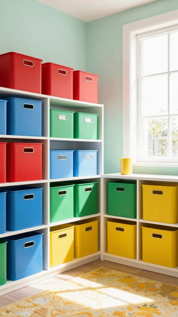 14 Storage Room Shelving Ideas for a Tidy Accessible Beautiful Space - 8. Colorful Bins for Fun Storage 1