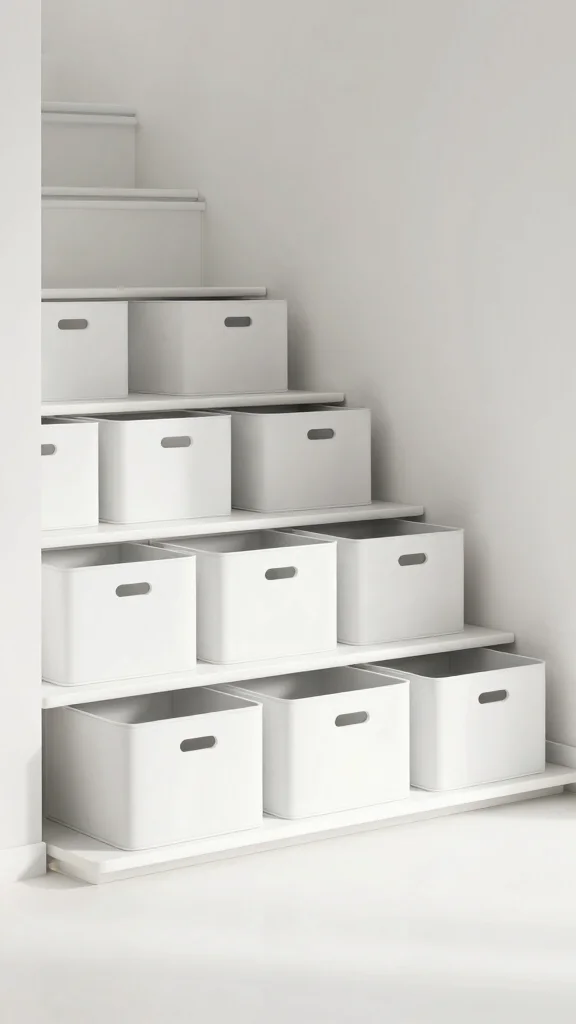 14 Under-the-Stairs Storage Room Ideas for a Clever Space-Smart Space - 9. Minimalist Storage Boxes 1