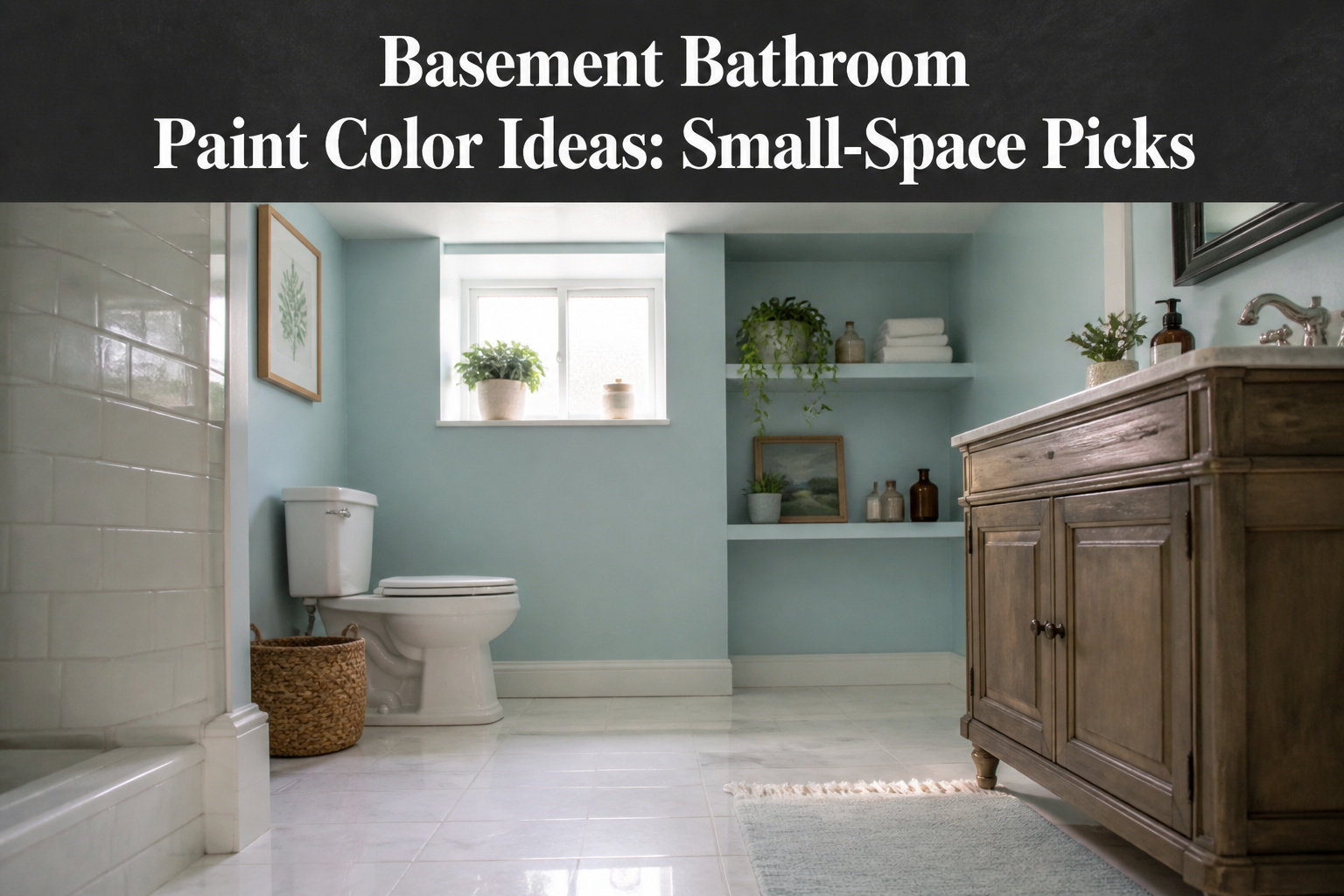 Various paint colors for basement bathrooms displayed on a wall.