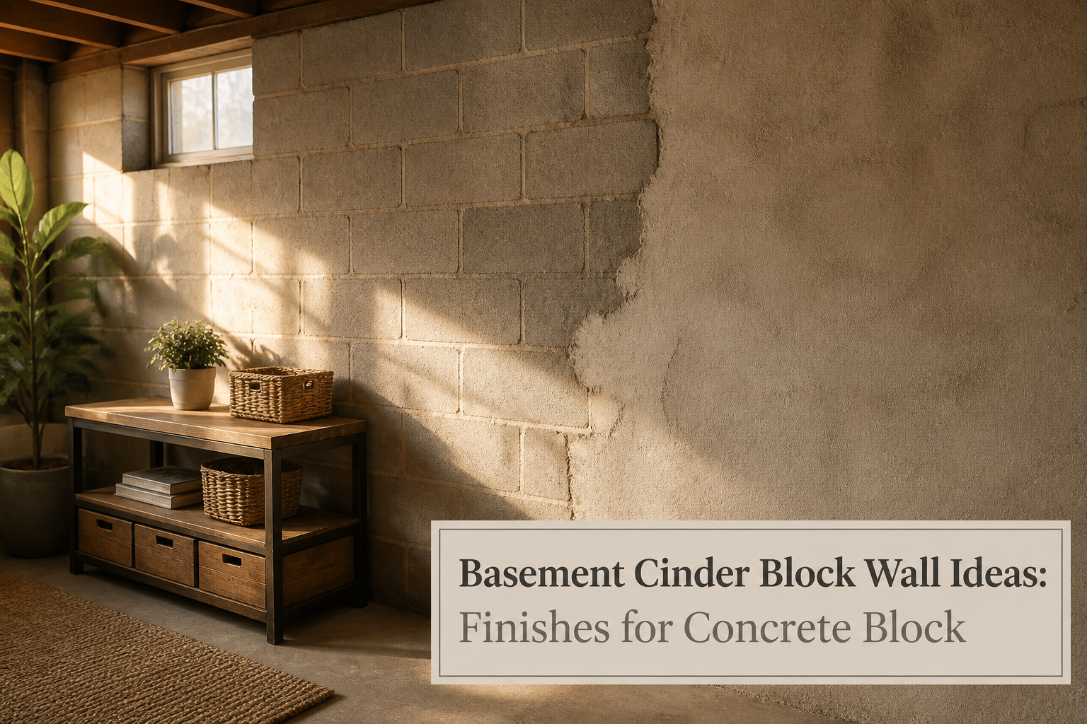 Different finishes for basement cinder block walls displayed together.