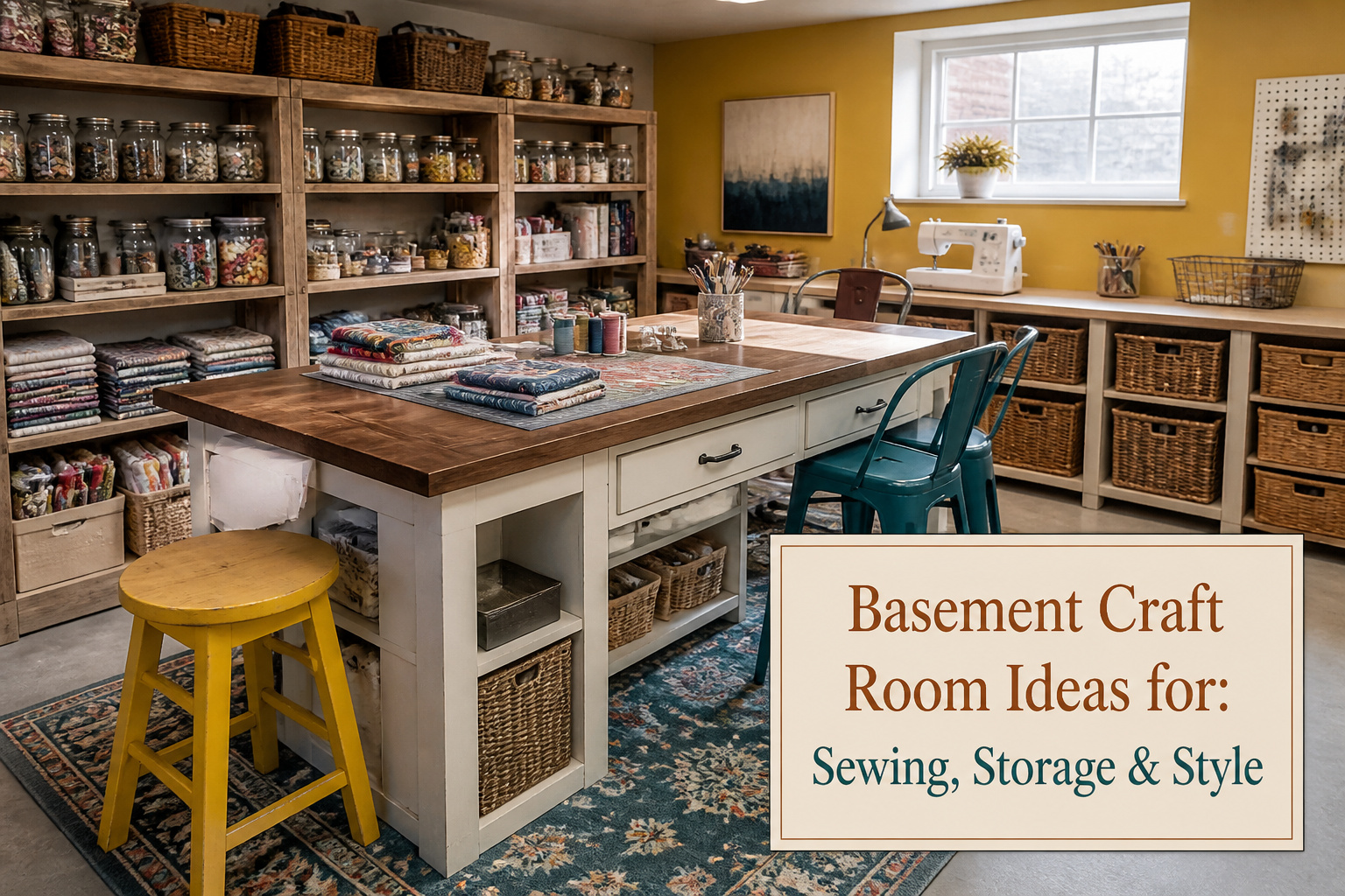 A well-organized basement craft room filled with craft supplies and furniture.